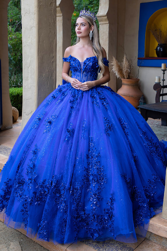 Quinceañera | Royal Blue Ball Gown with 3D Floral Appliques and Detachable Bow | Emelia dress