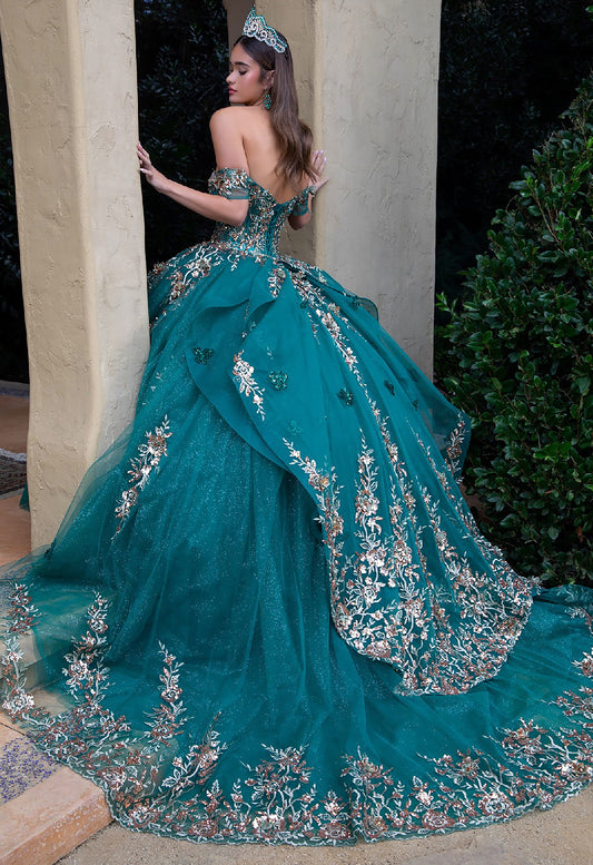 Quinceañera | Hunter Green 3D Butterfly Appliques, Embellished Corset Long Train Ball Gown | Danae dress | 2 Colors Available back view