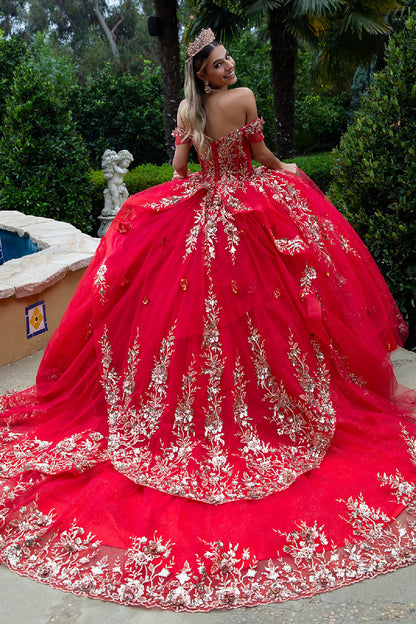 Quinceañera | Red 3D Butterfly Appliques, Embellished Corset Long Train Ball Gown | Danae dress  | Danae dress