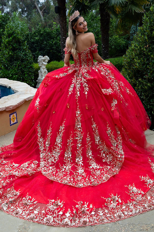 Quinceañera | Red 3D Butterfly Appliques, Embellished Corset Long Train Ball Gown | Danae dress  | Danae dress