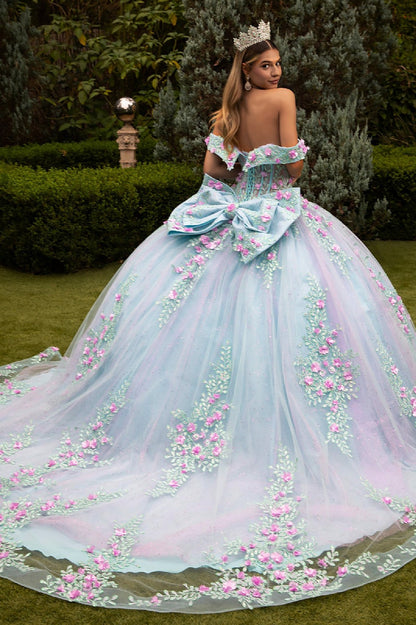 Quinceañera | Tiffany Blue Ball Gown with 3D Flowers, Sequined Embroidery, and Detachable Bow | Estrella dress back