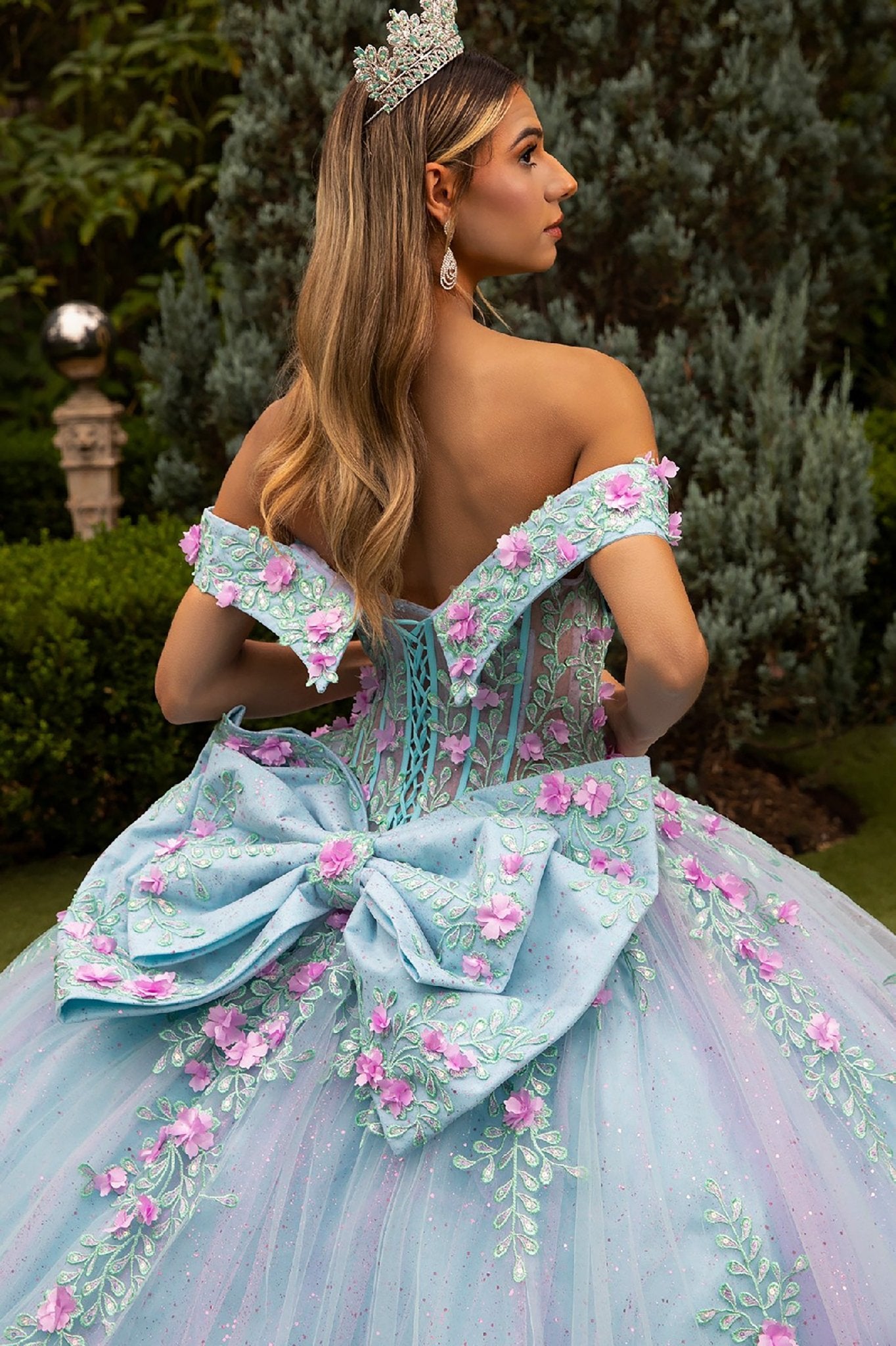 Quinceañera | Tiffany Blue Ball Gown with 3D Flowers, Sequined Embroidery, and Detachable Bow | Estrella dress back zoom