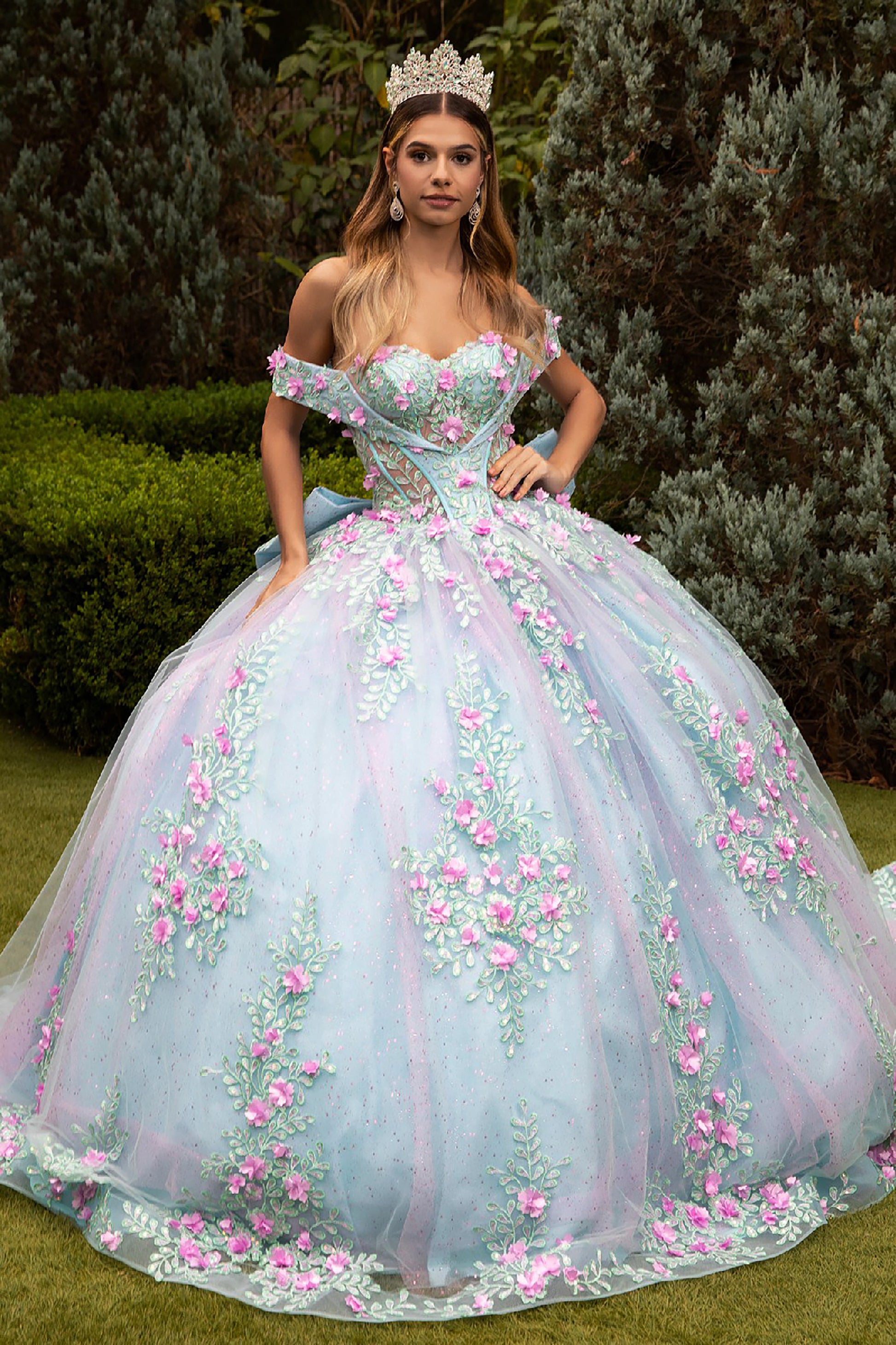 Quinceañera | Tiffany Blue Ball Gown with 3D Flowers, Sequined Embroidery, and Detachable Bow | Estrella  dress