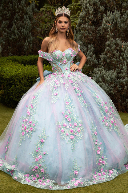 Quinceañera | Tiffany Blue Ball Gown with 3D Flowers, Sequined Embroidery, and Detachable Bow | Estrella  dress