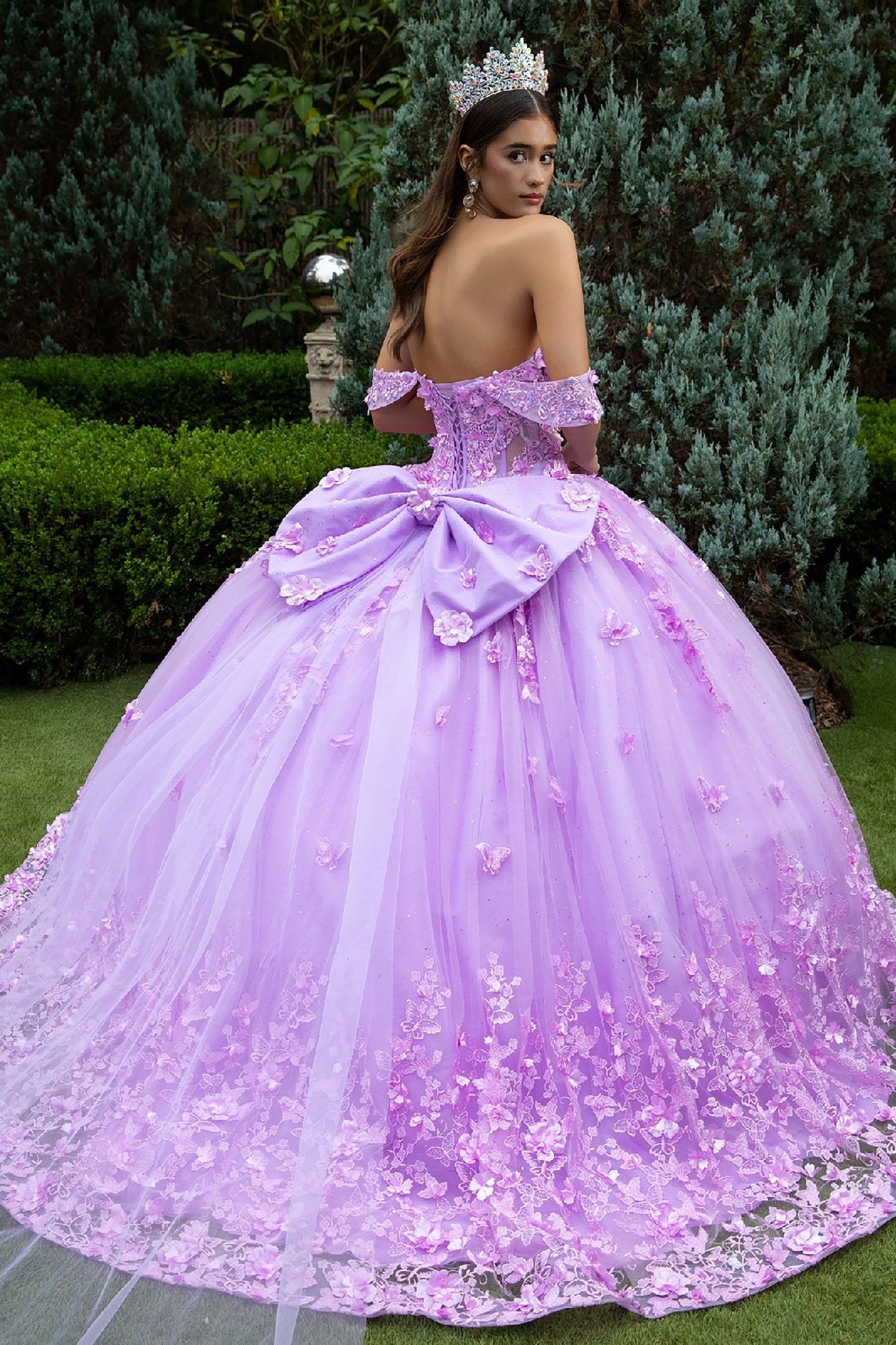 Quinceañera | Lilac Rose Ball Gown with 3D Flower Appliques, Detachable Straps, and Back Bow with Train | Briana dress back view