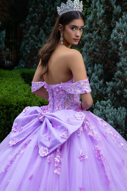 Quinceañera | Lilac Rose Ball Gown with 3D Flower Appliques, Detachable Straps, and Back Bow with Train | Briana dress back zoom