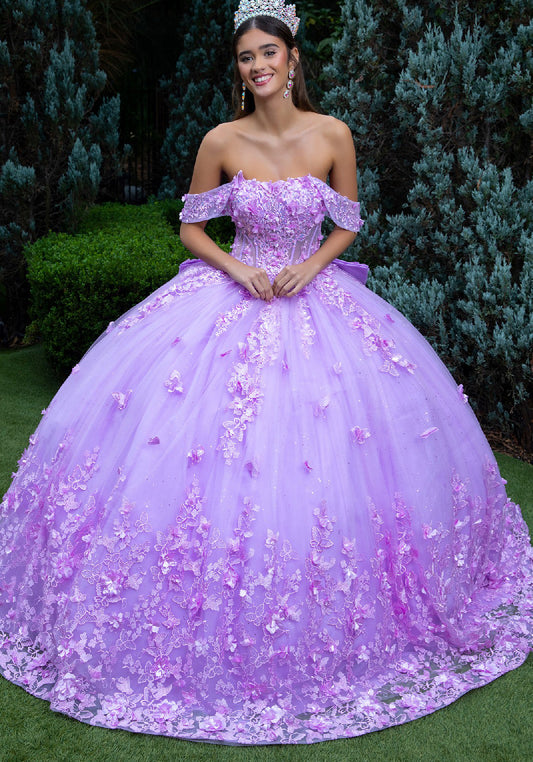 Quinceañera | Lilac Rose Ball Gown with 3D Flower Appliques, Detachable Straps, and Back Bow with Train | Briana dress front view