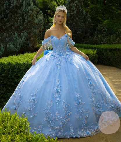 Blue Ball Gown with Chandelier Jewels, 3D Flowers, and Detachable Bow