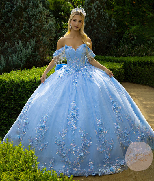 Blue Ball Gown with Chandelier Jewels, 3D Flowers, and Detachable Bow