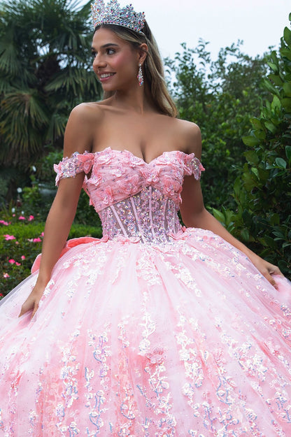 Quinceañera | Blush Ball Gown with 3D Butterflies, Corset Bodice, Off-Shoulder Straps and Detachable Bow | Ingrid dress