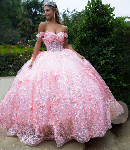 Quinceañera | Blush Ball Gown with 3D Butterflies, Corset Bodice, Off-Shoulder Straps and Detachable Bow | Ingrid dress front