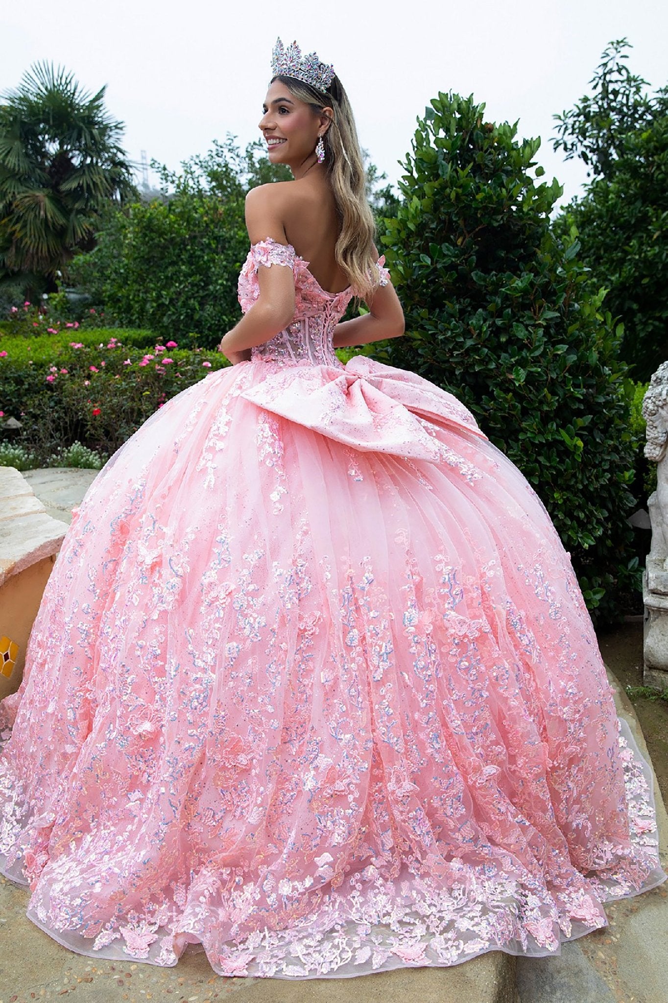 Quinceañera | Blush Ball Gown with 3D Butterflies, Corset Bodice, Off-Shoulder Straps and Detachable Bow | Ingrid dress back view