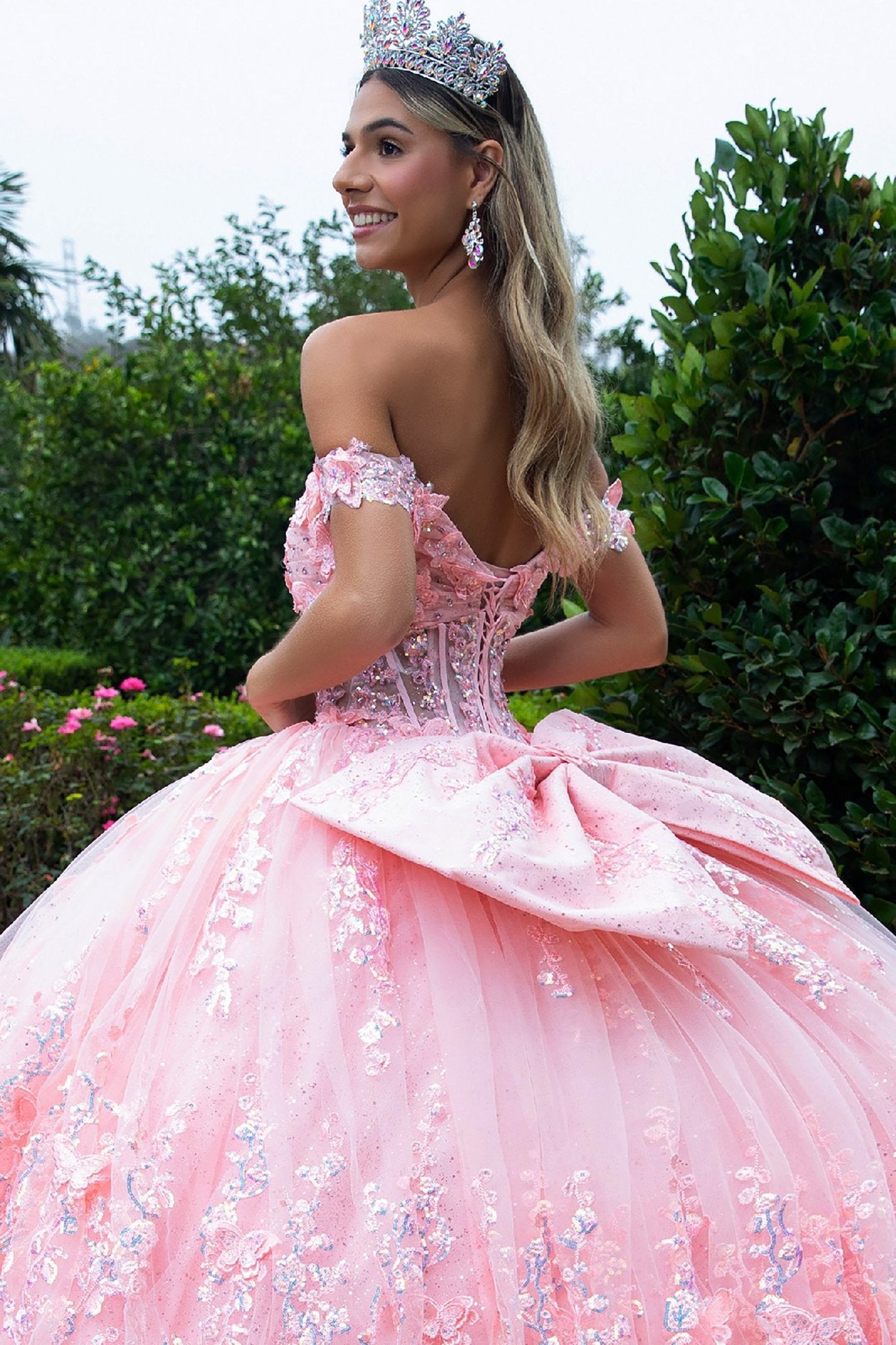 Quinceañera | Blush Ball Gown with 3D Butterflies, Corset Bodice, Off-Shoulder Straps and Detachable Bow | Ingrid dress back zoom