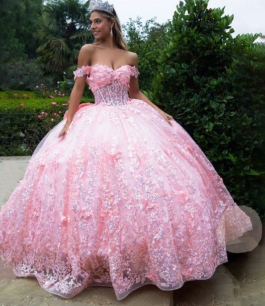 Quinceañera | Blush Ball Gown with 3D Butterflies, Corset Bodice, Off-Shoulder Straps and Detachable Bow | Ingrid dress front