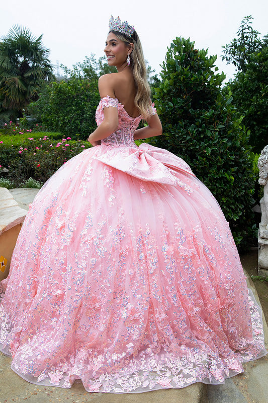 Quinceañera | Blush Ball Gown with 3D Butterflies, Corset Bodice, Off-Shoulder Straps and Detachable Bow | Ingrid dress back view