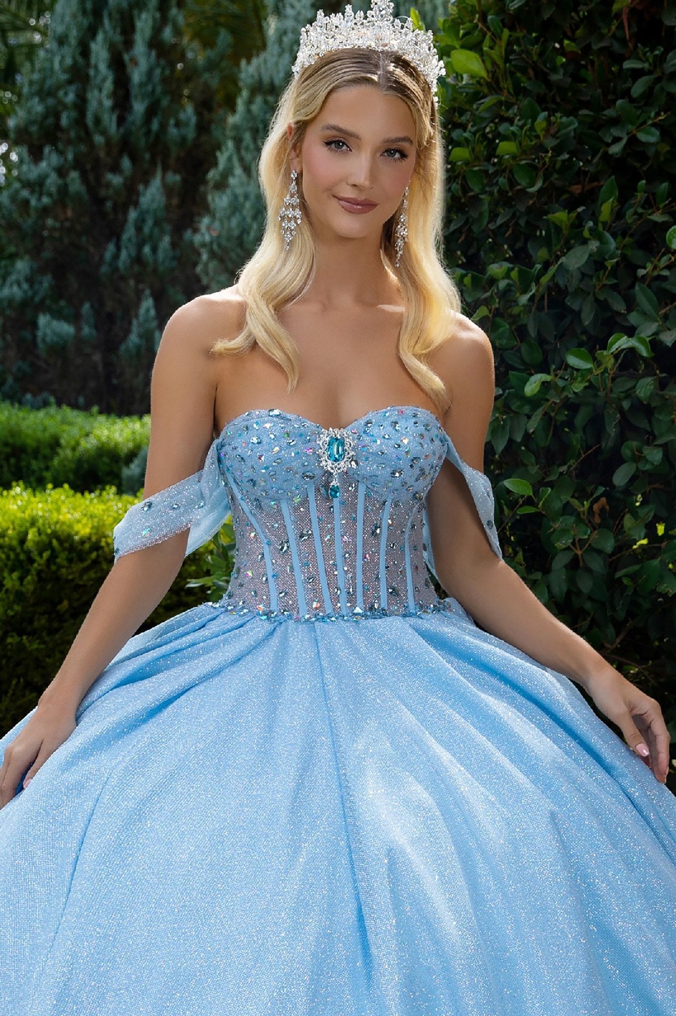 Quinceañera | Blue Bejeweled Corset Bodice, Overskirt, and Detachable Bow Ball Gown | Arlet dress | 2 Colors Available front zoom