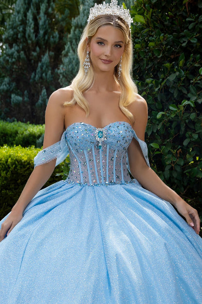 Quinceañera | Blue Bejeweled Corset Bodice, Overskirt, and Detachable Bow Ball Gown | Arlet dress | 2 Colors Available front zoom