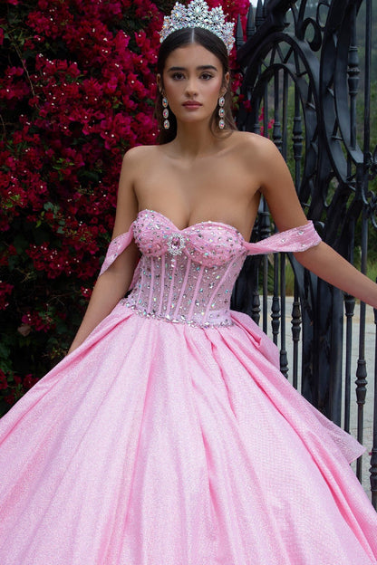 Quinceañera | Pink Bejeweled Corset Bodice, Overskirt, and Detachable Bow Ball Gown | Arlet dress | 2 Colors Available front zoom