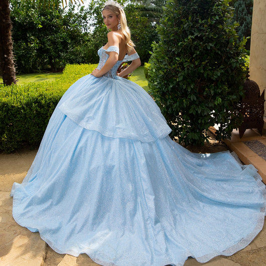 Quinceañera | Blue Bejeweled Corset Bodice, Overskirt, and Detachable Bow Ball Gown | Arlet dress | 2 Colors Available back