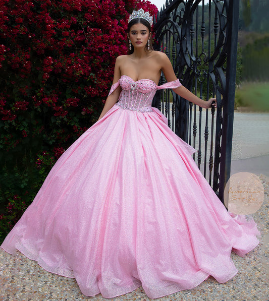 Quinceañera | Pink Bejeweled Corset Bodice, Overskirt, and Detachable Bow Ball Gown | Arlet dress | 2 Colors Available front view