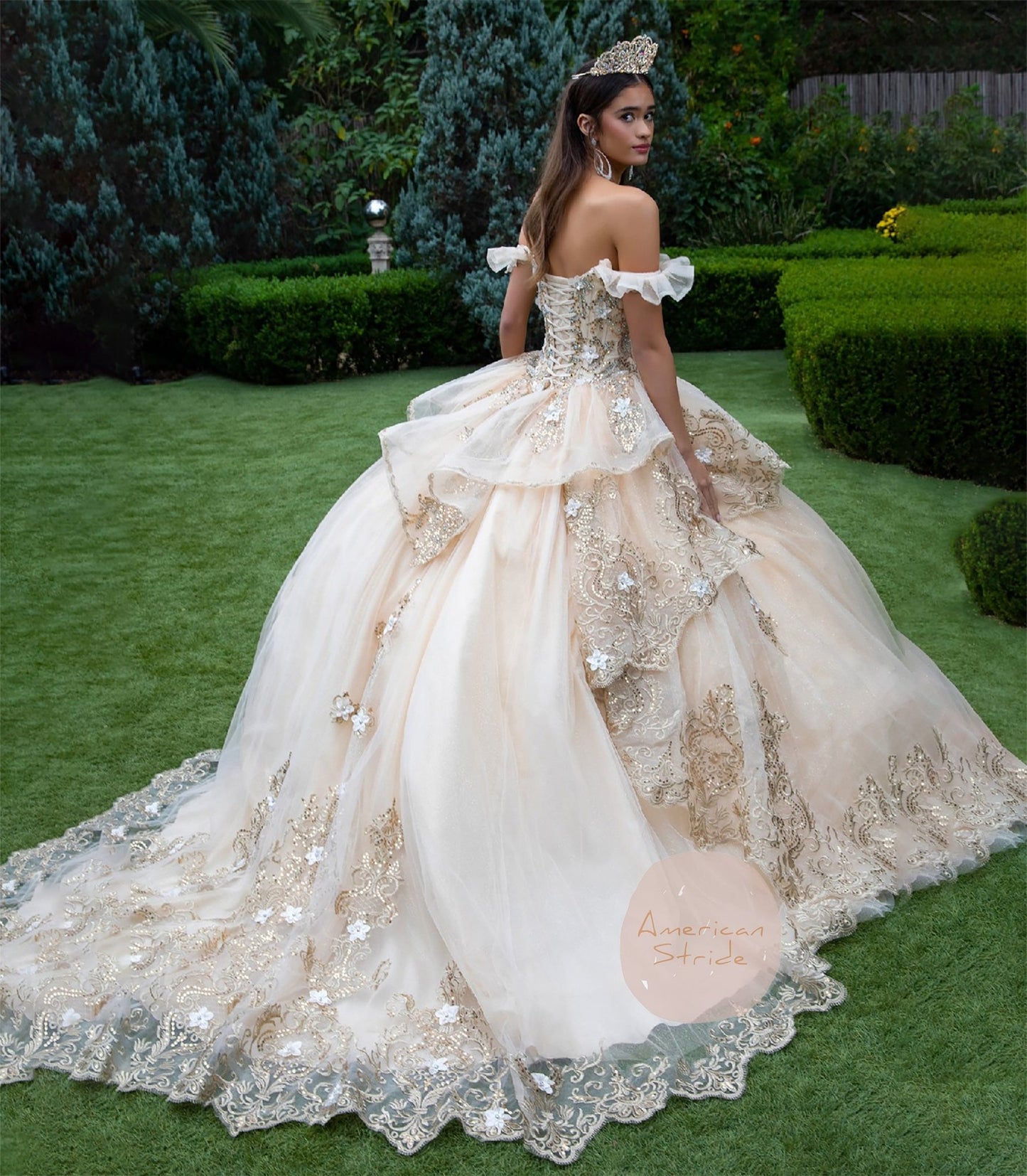 Quinceañera | Champagne Metallic Embroidery, 3D Flower Appliques Ball Gown with Ruffled Train | Dalary dress back view