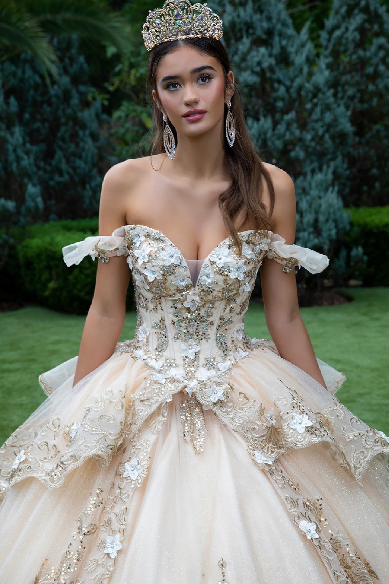 Quinceañera | Champagne Metallic Embroidery, 3D Flower Appliques Ball Gown with Ruffled Train | Dalary dress front zoom