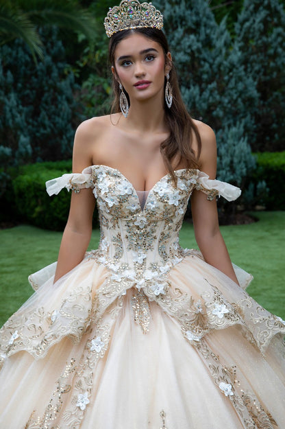 Quinceañera | Champagne Metallic Embroidery, 3D Flower Appliques Ball Gown with Ruffled Train | Dalary dress front zoom