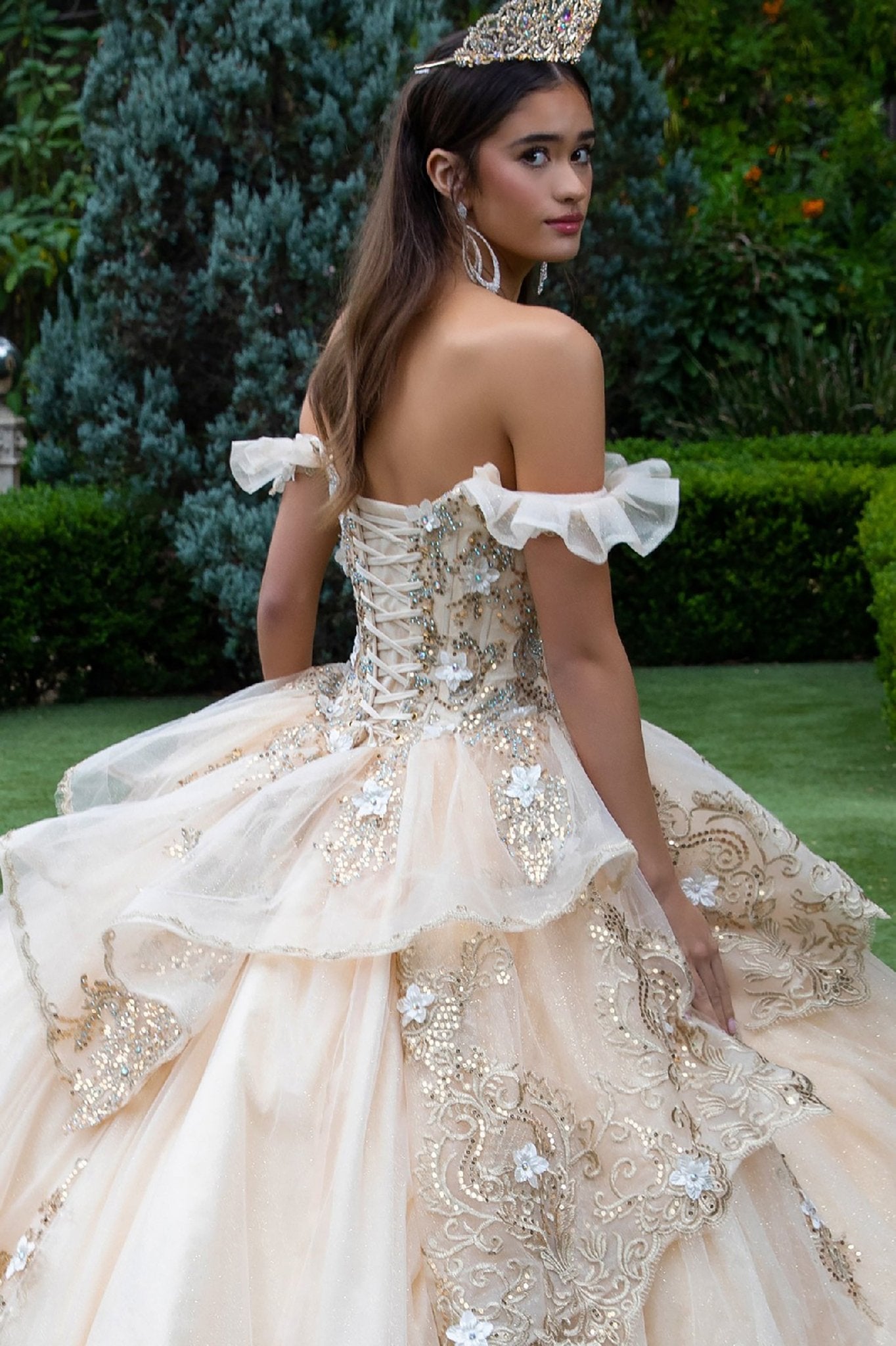 Quinceañera | Champagne Metallic Embroidery, 3D Flower Appliques Ball Gown with Ruffled Train | Dalary dress back zoom