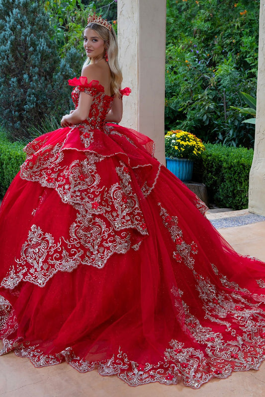 Quinceañera | Red Metallic Embroidery, 3D Flower Appliques Ball Gown with Ruffled Train | Dalary dress back view