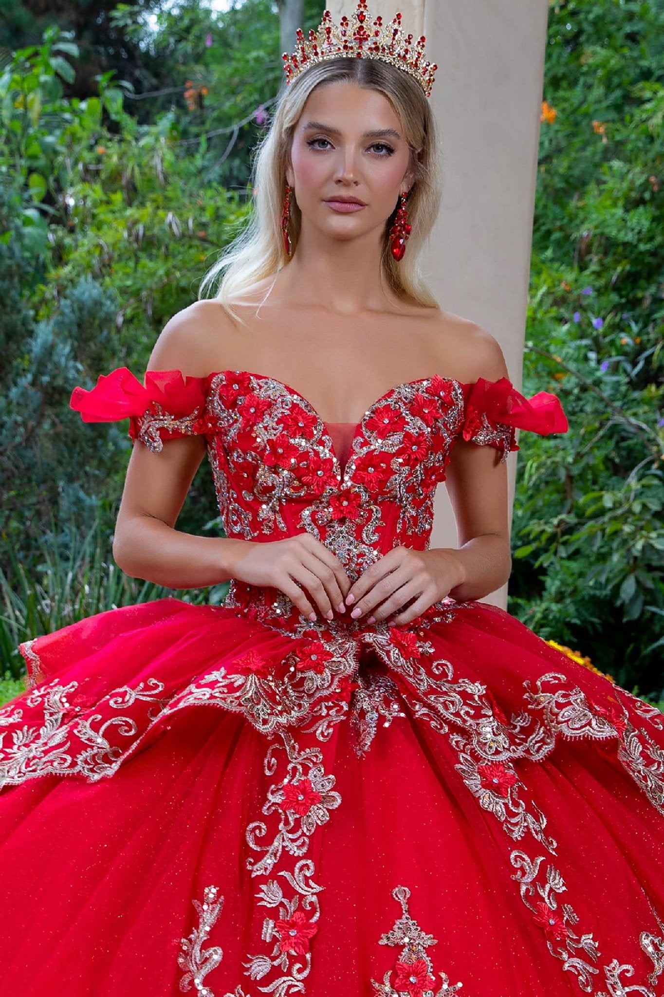 Quinceañera | Red Metallic Embroidery, 3D Flower Appliques Ball Gown with Ruffled Train | Dalary dress front zoom