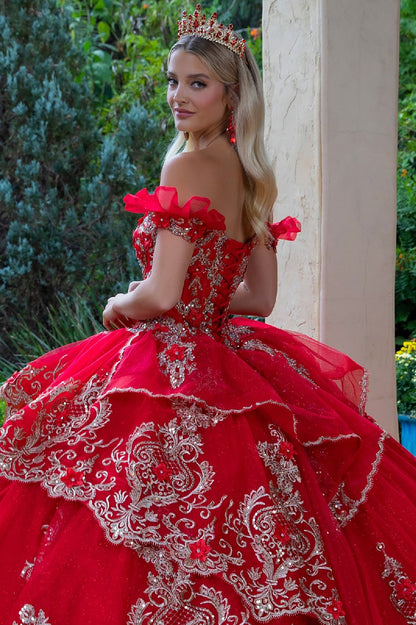 Quinceañera | Red Metallic Embroidery, 3D Flower Appliques Ball Gown with Ruffled Train | Dalary dress back zoom