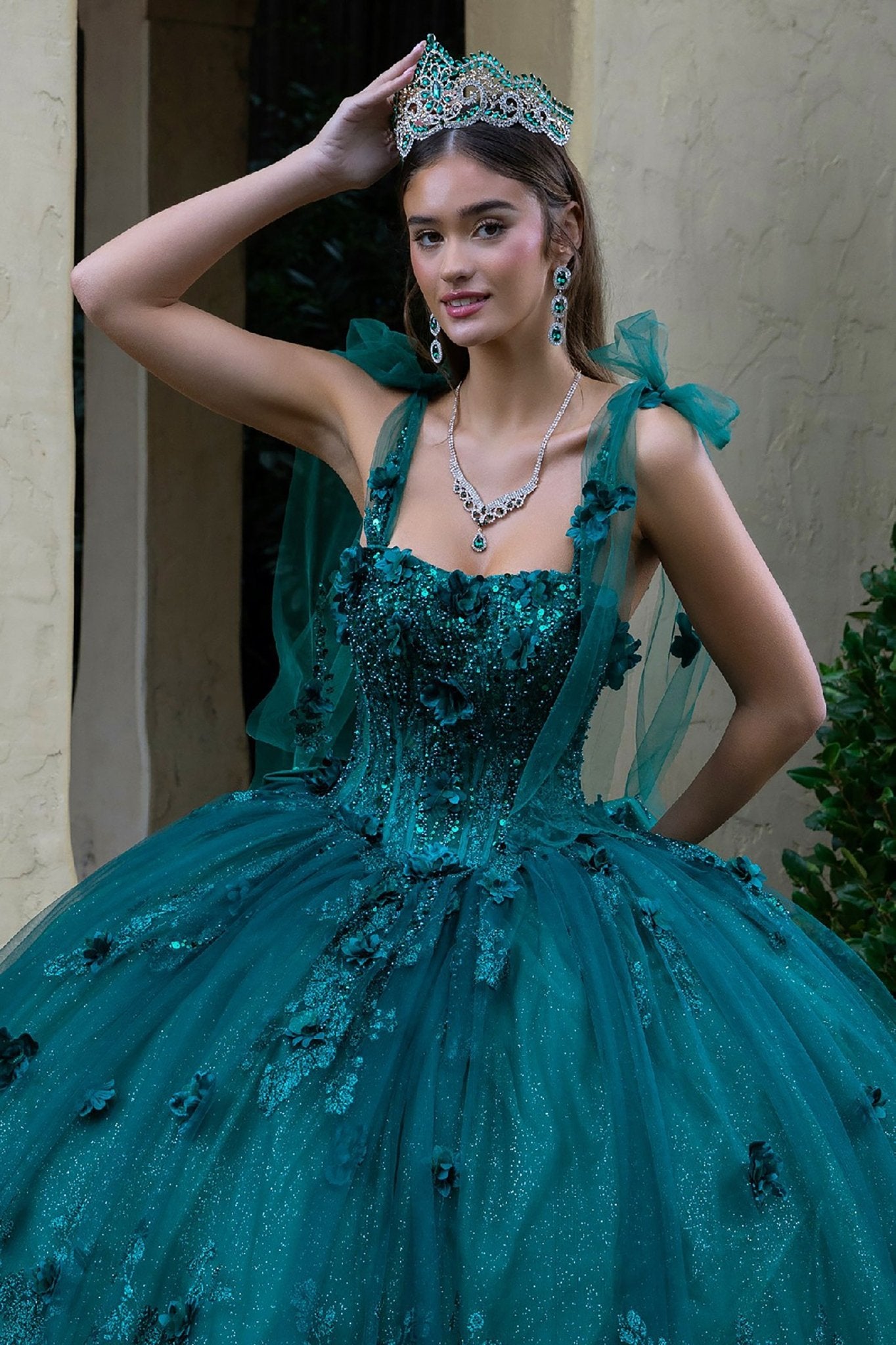 Quinceañera | Green 3D Flowers Glitter Underlayer Tie Straps Ball Gown with Detachable Bow | Estrella dress front zoom
