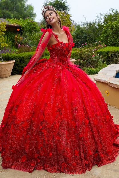 Quinceañera | Red 3D Flowers Glitter Underlayer Tie Straps Ball Gown with Detachable Bow | Estrella dress front