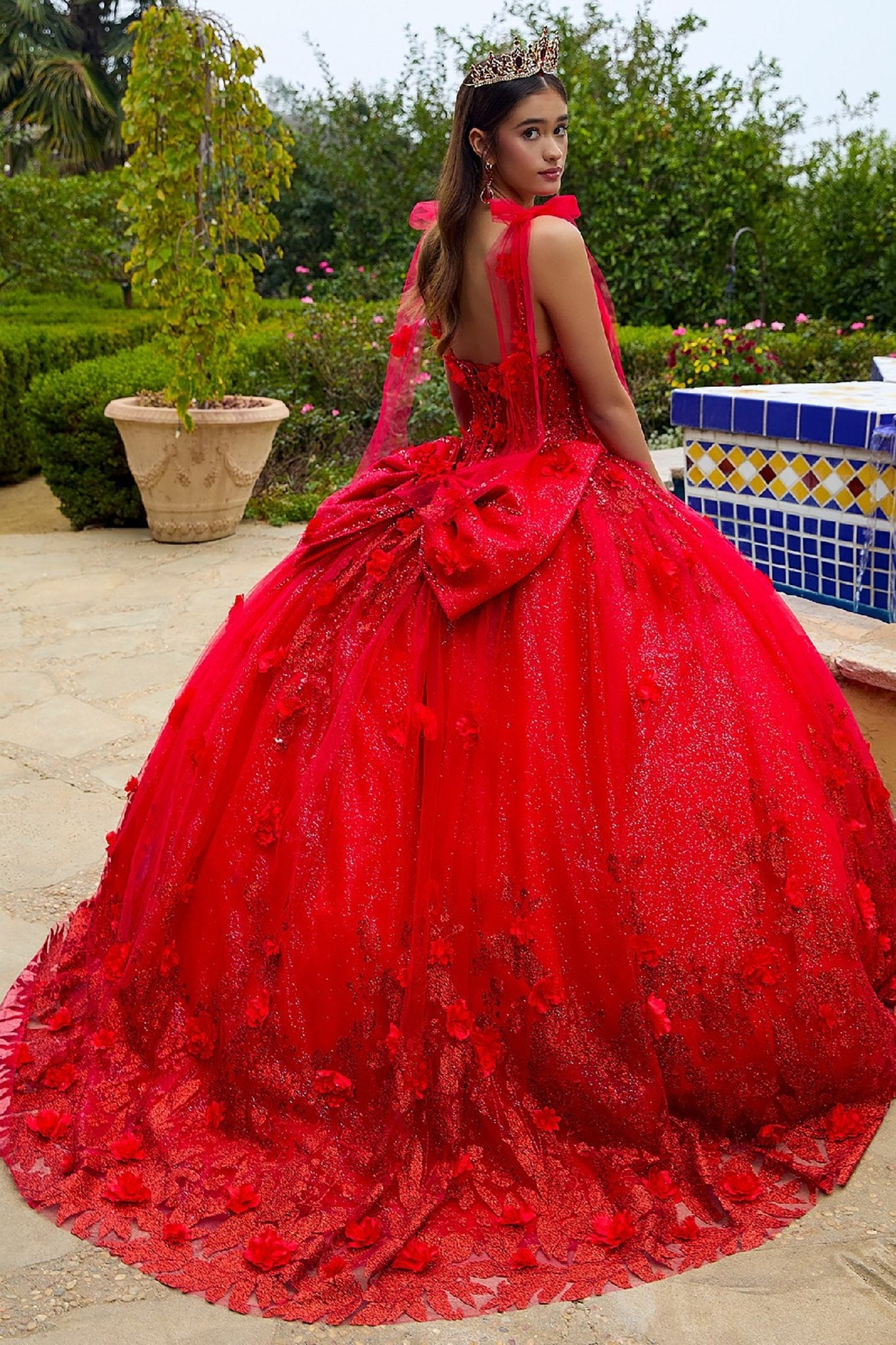 Quinceañera | Red 3D Flowers Glitter Underlayer Tie Straps Ball Gown with Detachable Bow | Estrella dress back