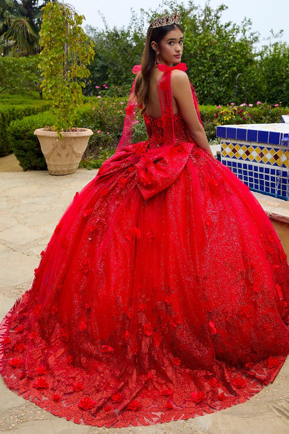 Quinceañera | Red 3D Flowers Glitter Underlayer Tie Straps Ball Gown with Detachable Bow | Estrella dress back