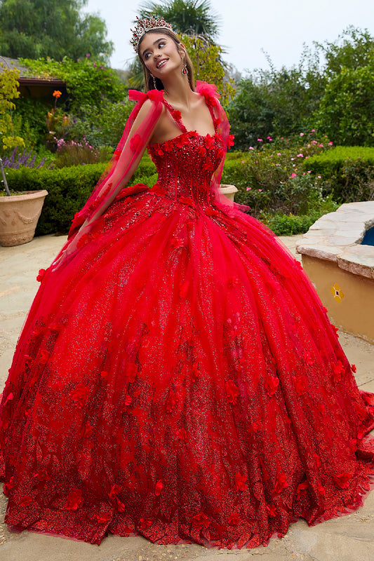 Quinceañera | Red 3D Flowers Glitter Underlayer Tie Straps Ball Gown with Detachable Bow | Estrella dress front