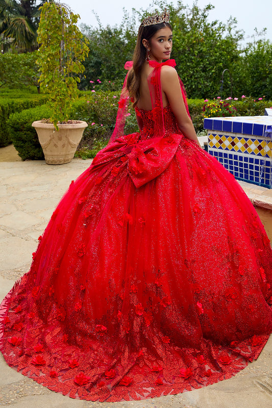 Quinceañera | Red 3D Flowers Glitter Underlayer Tie Straps Ball Gown with Detachable Bow | Estrella dress back