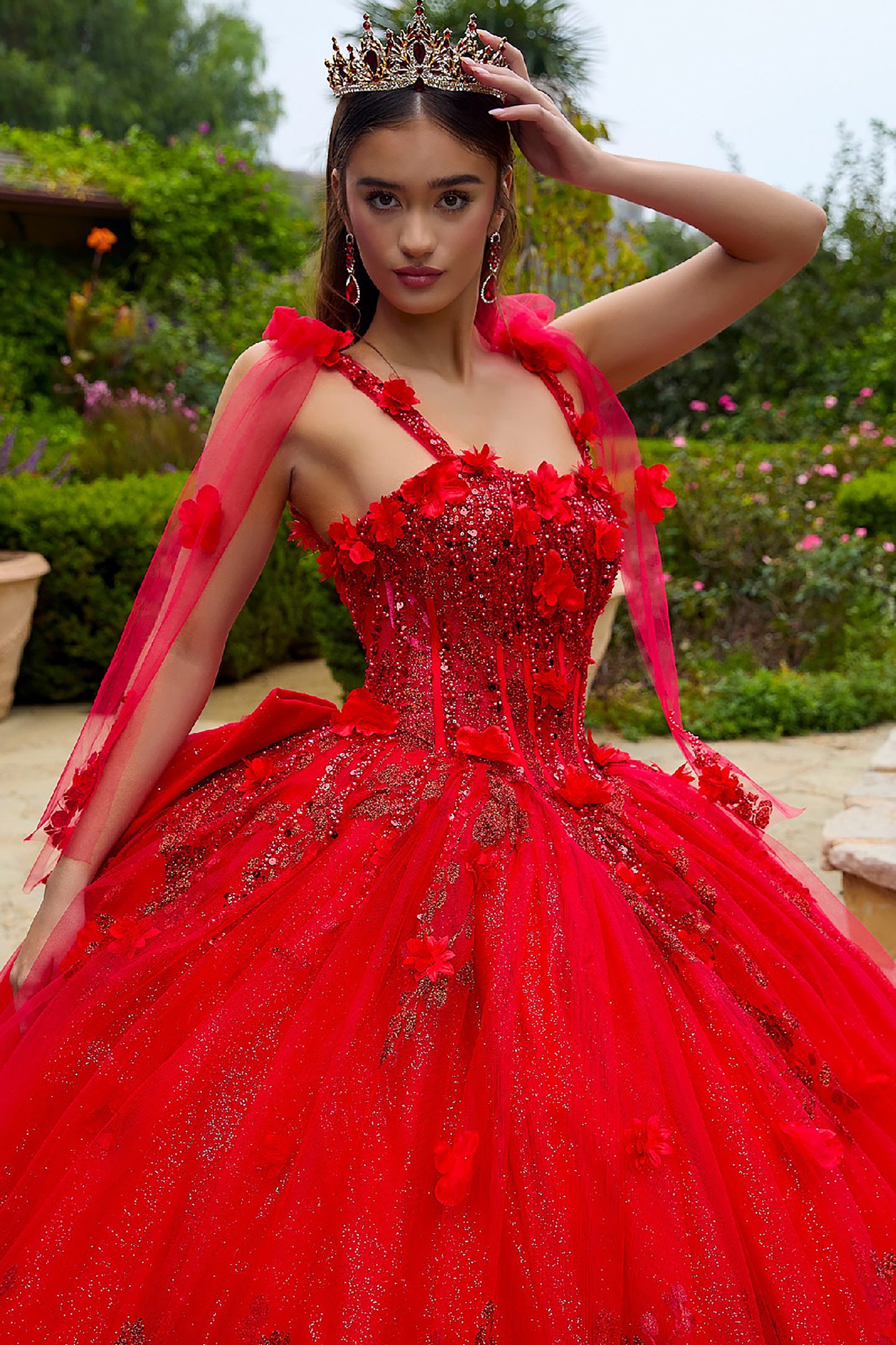 Quinceañera | Red 3D Flowers Glitter Underlayer Tie Straps Ball Gown with Detachable Bow | Estrella dress front zoom