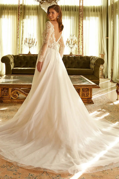 Back full-length view showcasing the classic A-line silhouette and the expansive, graceful sweep of the flowing bridal train.