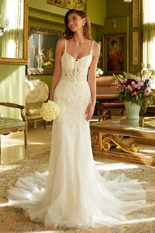 Front full-length view of an off-white fitted wedding dress featuring a double spaghetti-strap V-neck corset bodice, intricate beaded embroidery, and a flared skirt.