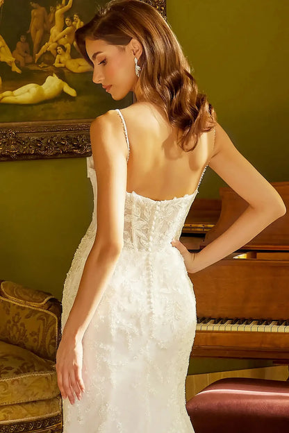 Back close-up upper view focusing on the sleek zipper back closure and the elegant attachment of the matching cape at the shoulders.