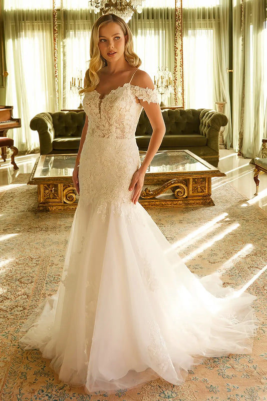 Front full-length view of an off-white mermaid wedding dress featuring a V-neck fitted bodice, cold-shoulder detachable straps, and an embroidered sequined design.