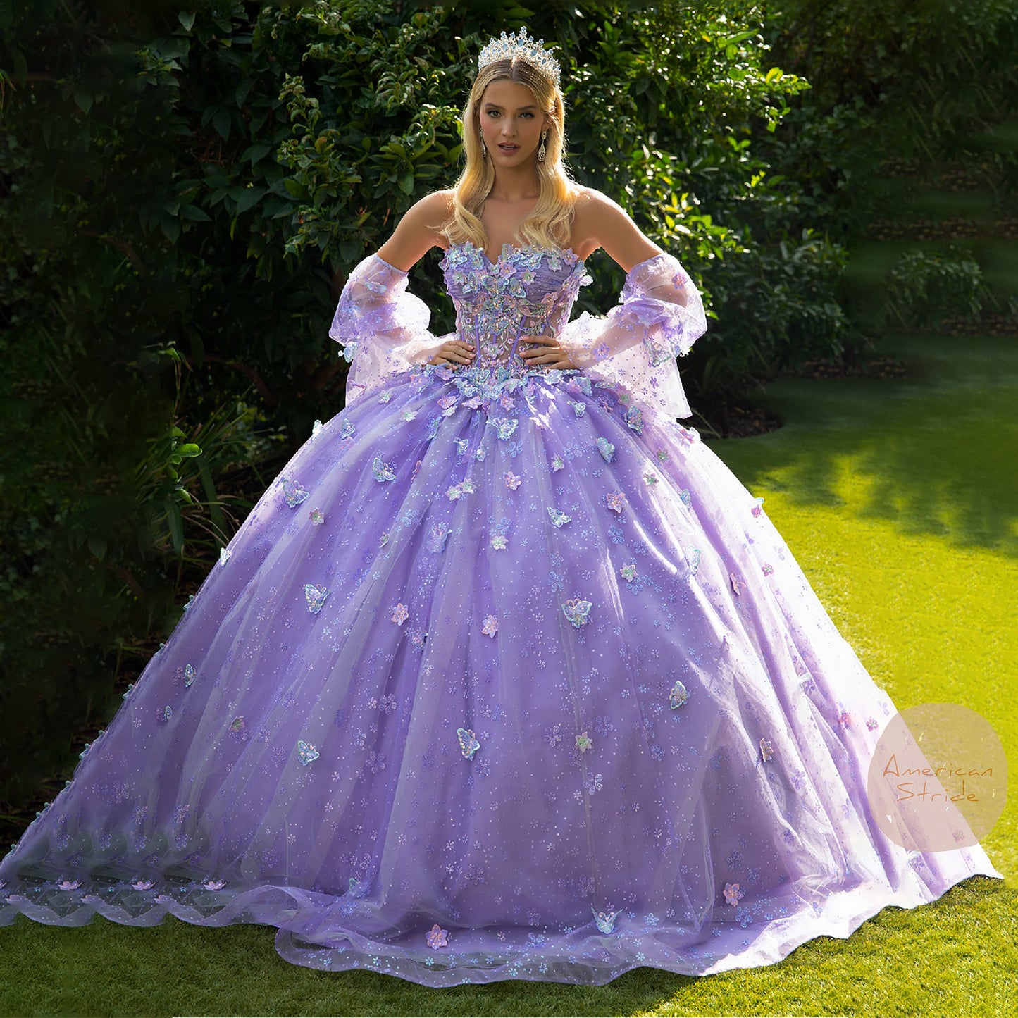 Quinceañera | Lilac Ball Gown with Detachable Puff Sleeves and 3D Floral Details | Esme dress front
