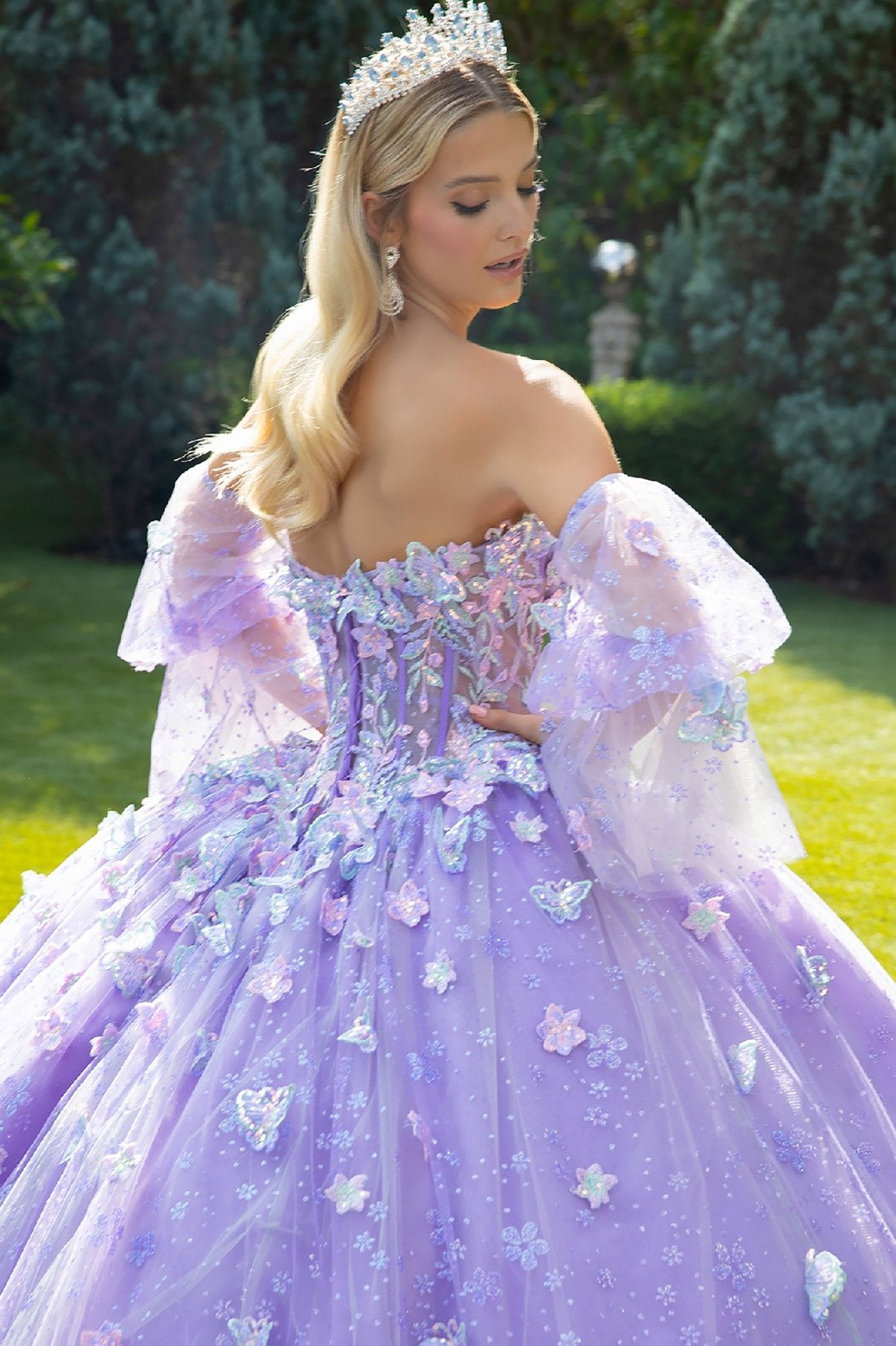 Quinceañera | Lilac Ball Gown with Detachable Puff Sleeves and 3D Floral Details | Esme dress back zoom