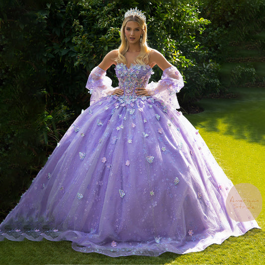 Quinceañera | Lilac Ball Gown with Detachable Puff Sleeves and 3D Floral Details | Esme dress front