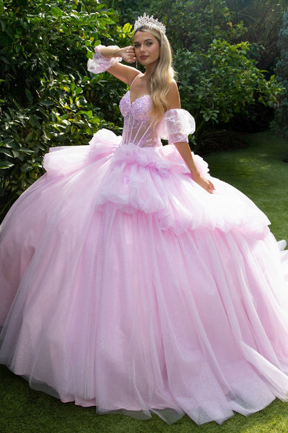 Quinceañera | Lilac-Blush Layered bubble hem train Ball Gown with Detachable Bow and Puff Sleeves | Emelina dress side view