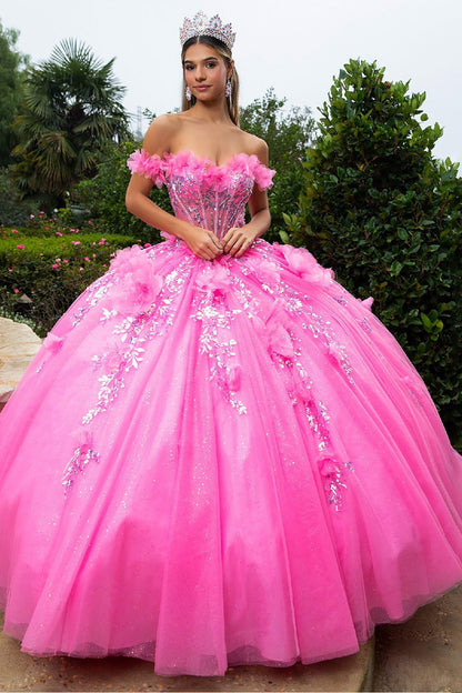 Quinceañera | Pink Ball Gown with 3D Flower Appliques and Detachable Bow | Dorotea dress