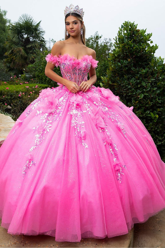 Quinceañera | Pink Ball Gown with 3D Flower Appliques and Detachable Bow | Dorotea dress