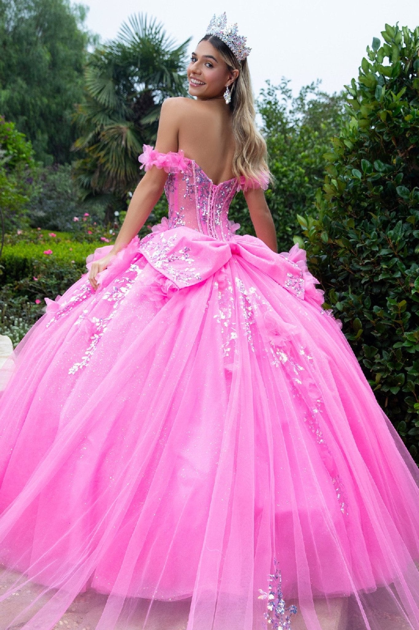 Quinceañera | Pink Ball Gown with 3D Flower Appliques and Detachable Bow | Dorotea dress back