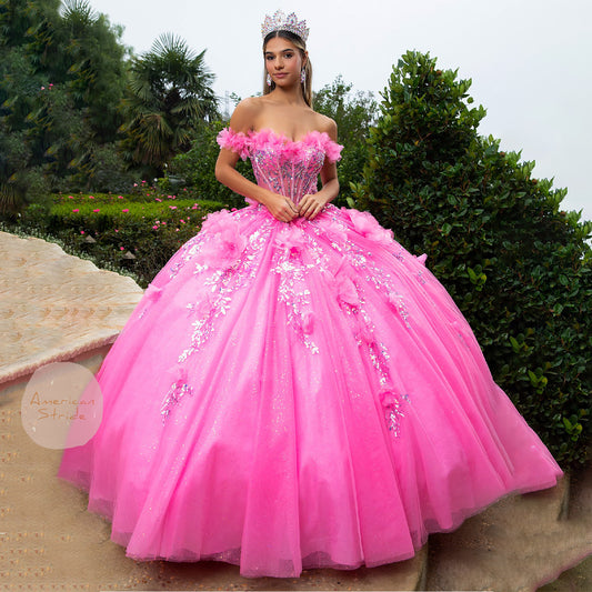 Quinceañera | Pink Ball Gown with 3D Flower Appliques and Detachable Bow | Dorotea dress